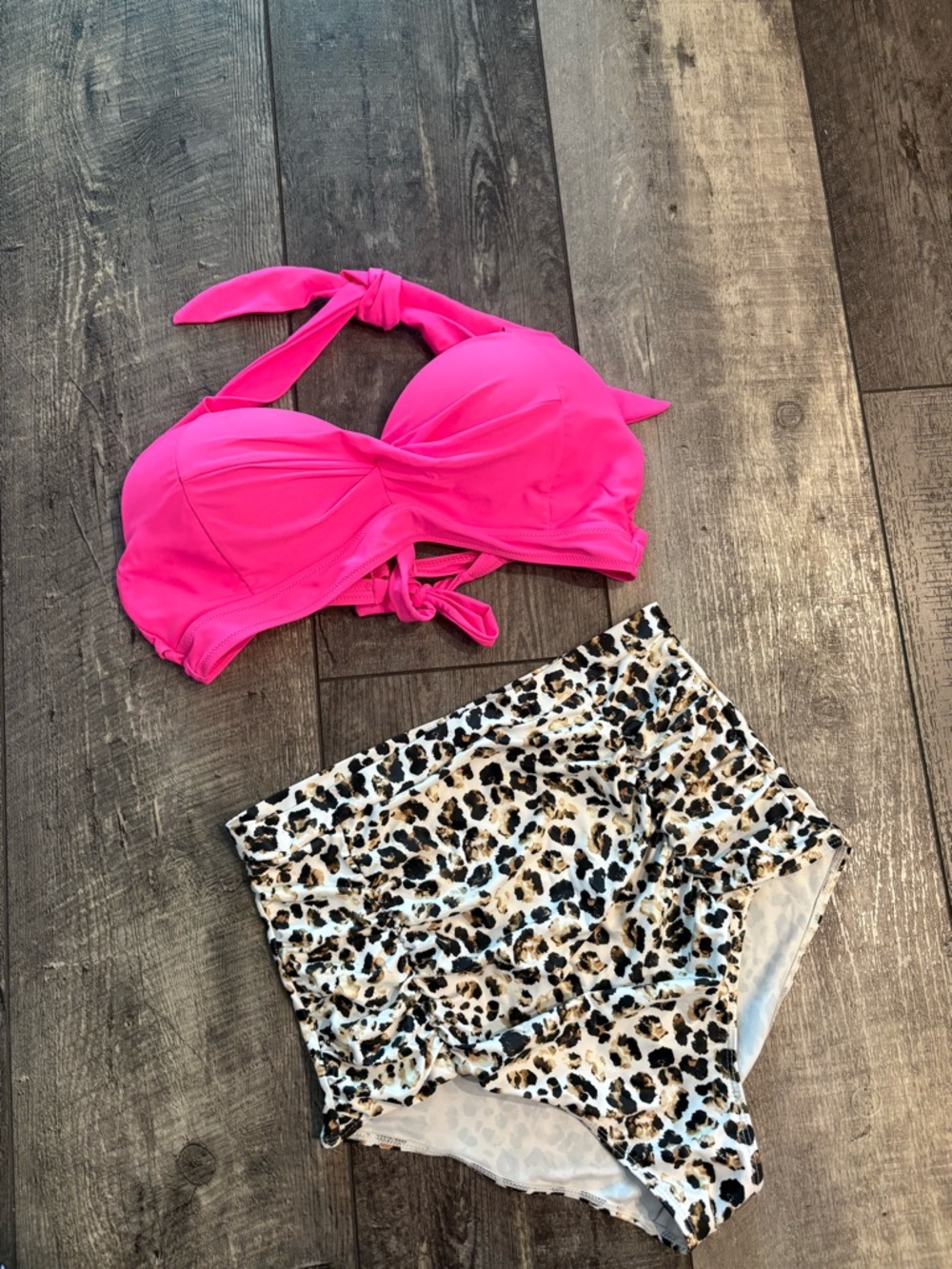 Hot Pink Bikini Top with Leopard High-Waist Bottoms